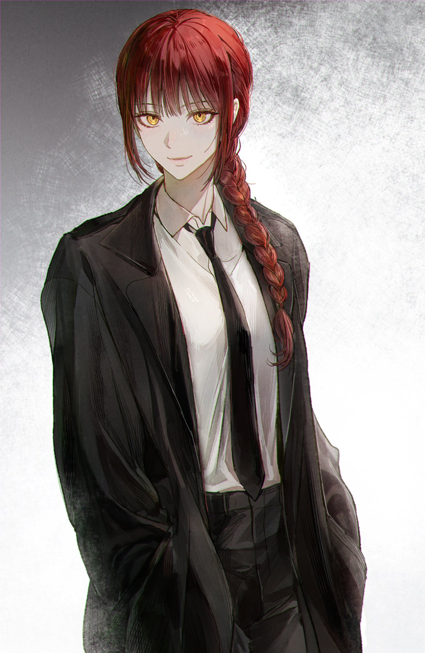 1girl, a_mongs2, black_coat, black_necktie, black_pants, braid, chainsaw_man, closed_mouth