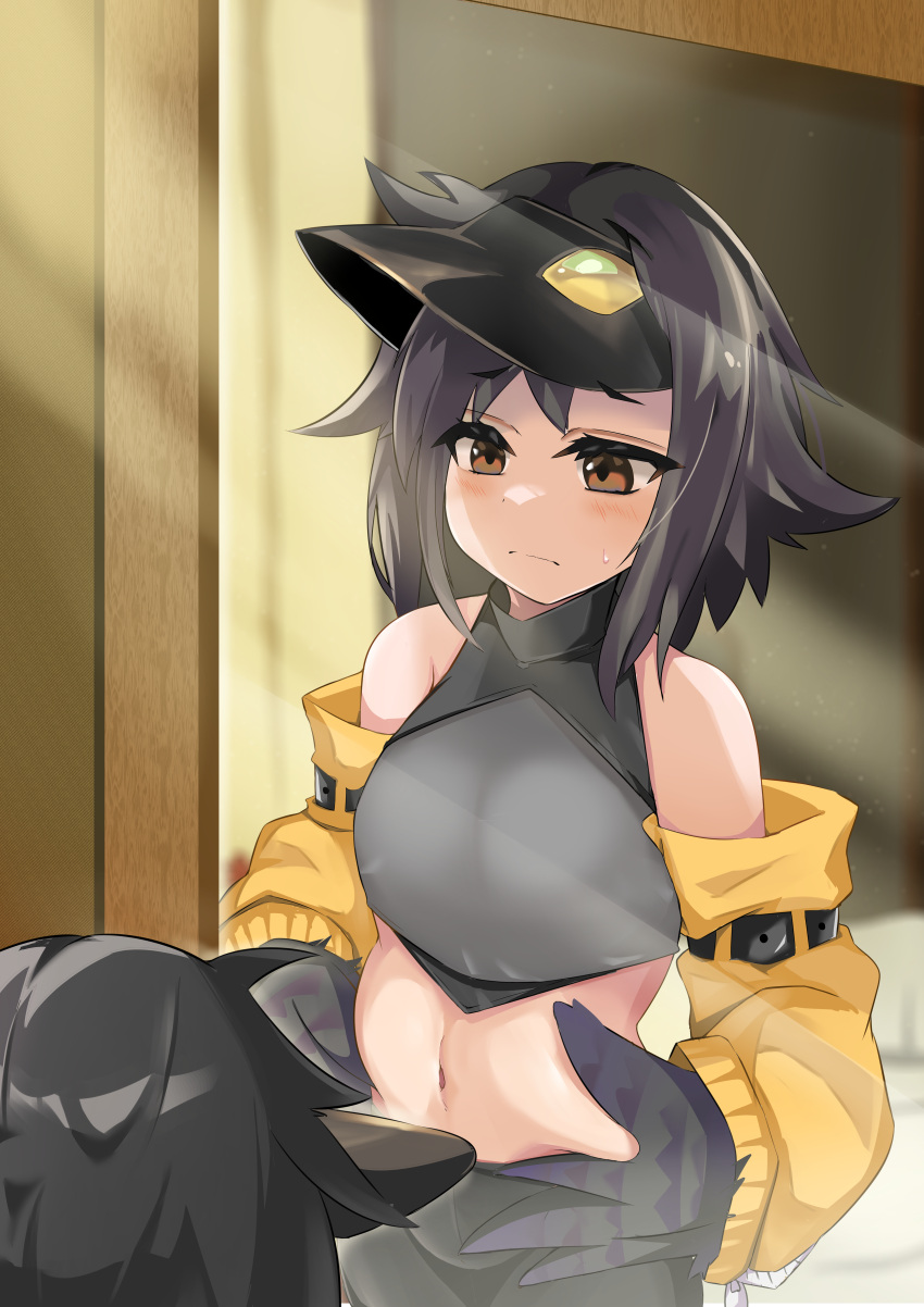 absurdres, alchemy_stars, bare_shoulders, black_pants, black_shirt, blush, breasts, brown_eyes, commission, crop_top, detached_sleeves, eho_(alchemy_stars), feathered_wings, frown, hand_on_own_stomach, harpy, highres, looking_at_mirror, medium_breasts, mirror, monster_girl, namomihagi010, navel, pants, pinching, pixiv_commission, purple_hair, shirt, short_hair, sleeveless, sleeveless_shirt, visor_cap, weight_conscious, window_shade, wings, yellow_sleeves