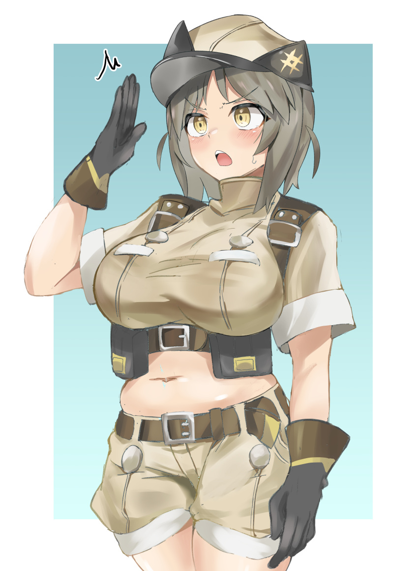 1girl, absurdres, alchemy_stars, belt, belt_pouch, black_gloves, blush, breasts, brown_hair, brown_shirt, brown_shorts, crop_top, feet_out_of_frame, female_illumina_soldier_(alchemy_stars), gloves, highres, large_breasts, midriff, military_uniform, namomihagi010, navel, open_mouth, plump, pouch, salute, shirt, short_hair, short_sleeves, shorts, simple_background, solo, sweatdrop, teeth, turtleneck, uniform, upper_teeth_only, yellow_eyes