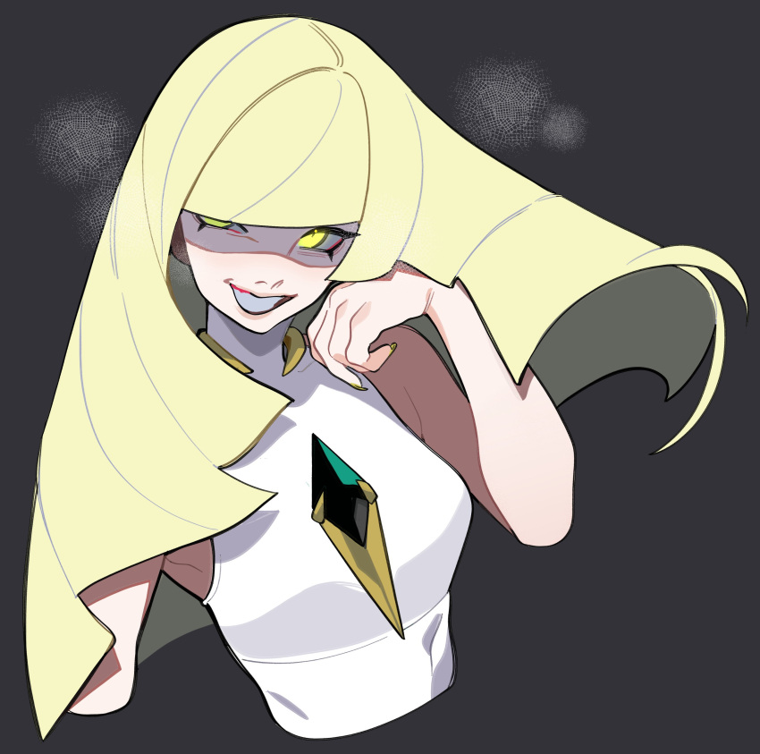 1girl, absurdres, bare_arms, black_background, blonde_hair, blunt_bangs, dark_background, diamond-shaped_brooch