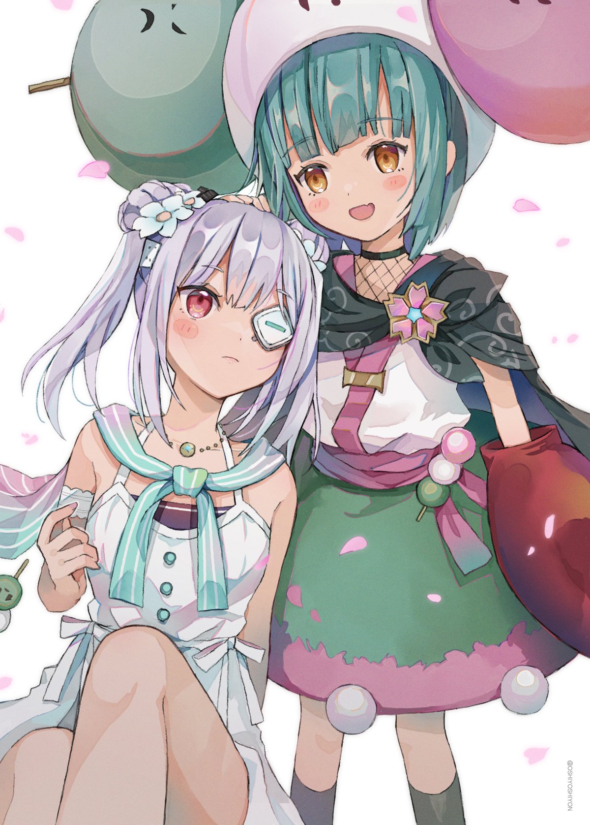 bungo_yayoi, crab_claw, dango, dango_hair_ornament, double_bun, dress, eyepatch, food