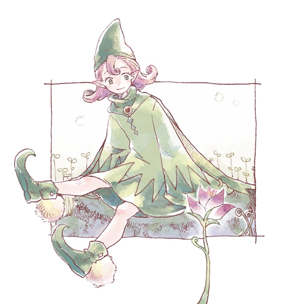 1girl, chrono_cross, closed_mouth, dress, fairy, flower, full_body, hat, michibata_65, pointy_ears, pointy_footwear, purple_hair, razzly_(chrono_cross), short_hair, sitting, skirt, smile, solo, white_background