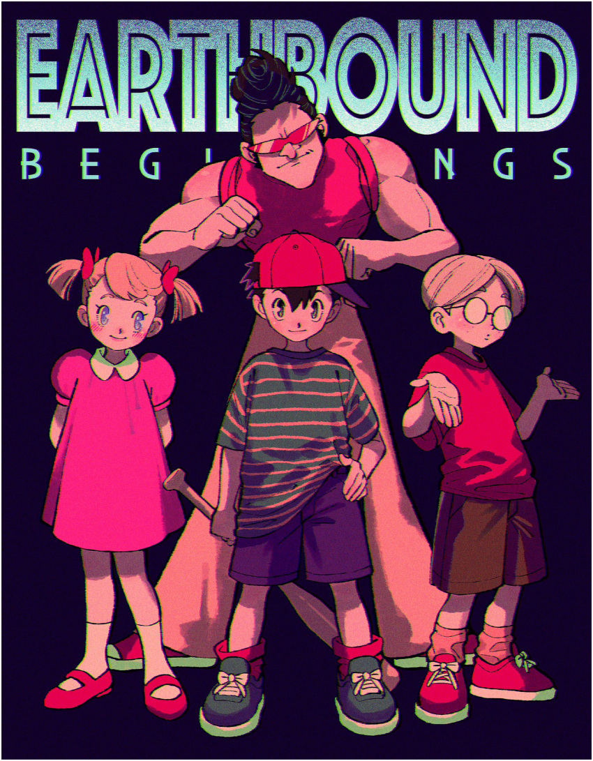 1girl, 3boys, ana_(mother), arms_behind_back, baseball_cap, black_hair, blue_footwear, blue_shorts