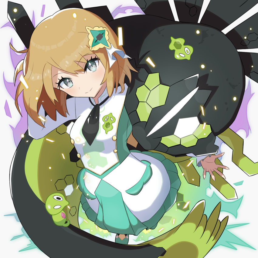 1girl, ascot, commentary_request, dress, green_footwear, grey_eyes, highres, kamiya_(fsck3847), light_brown_hair, long_sleeves, looking_at_viewer, official_alternate_costume, pokemon, pokemon_(creature), pokemon_masters_ex, serena_(pokemon), serena_(sygna_suit)_(pokemon), short_hair, white_dress, zygarde, zygarde_(50), zygarde_cell, zygarde_core