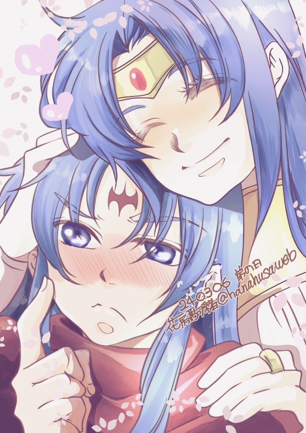1boy, 1girl, blue_hair, blush, breath_of_fire, breath_of_fire_i, brother_and_sister, closed_eyes