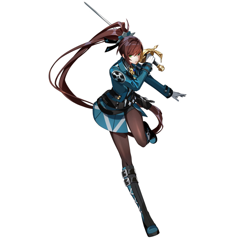 absurdres, belt, black_pantyhose, black_shirt, black_survival, blue_jacket, blue_ribbon, boots, breasts, brown_hair, collared_shirt, emblem, eternal_return:_black_survival, fiora_pellerin, full_body, gloves, gold, green_eyes, hair_between_eyes, hair_ornament, hair_ribbon, hand_up, highres, holding, holding_rapier, holding_weapon, jacket, long_hair, long_sleeves, looking_at_viewer, medium_breasts, multiple_belts, necktie, official_alternate_costume, official_art, pantyhose, pantyhose_under_shorts, parted_lips, ponytail, rapier, ribbon, scabbard, sheath, shirt, short_necktie, shorts, simple_background, solo, star_(symbol), sword, uniform, very_long_hair, weapon, white_background, white_gloves, white_ribbon