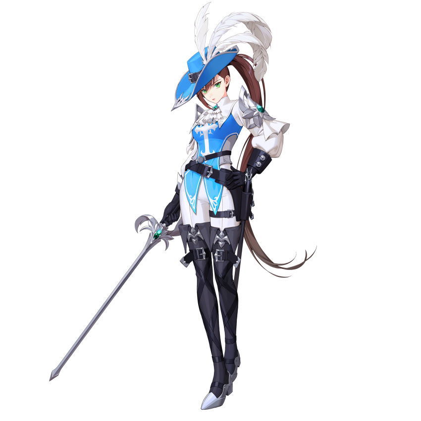 1girl, armor, belt, belt_buckle, black_gloves, black_survival, blue_hat, blue_shirt, boots, breasts, brown_hair, buckle, cavalier_hat, closed_mouth, cross, emblem, eternal_return:_black_survival, feathers, fiora_pellerin, flower_(symbol), frills, full_body, gem, gloves, green_eyes, green_gemstone, hair_between_eyes, hat, high_heels, highres, holding, holding_rapier, holding_weapon, long_hair, long_sleeves, looking_at_viewer, medium_breasts, multiple_belts, musketeer, official_alternate_costume, official_art, pants, pauldrons, ponytail, pumps, rapier, scabbard, sheath, shirt, shoes, shoulder_armor, simple_background, solo, standing, sword, thigh-highs, thigh_boots, uniform, very_long_hair, weapon, white_background, white_feathers, white_pants
