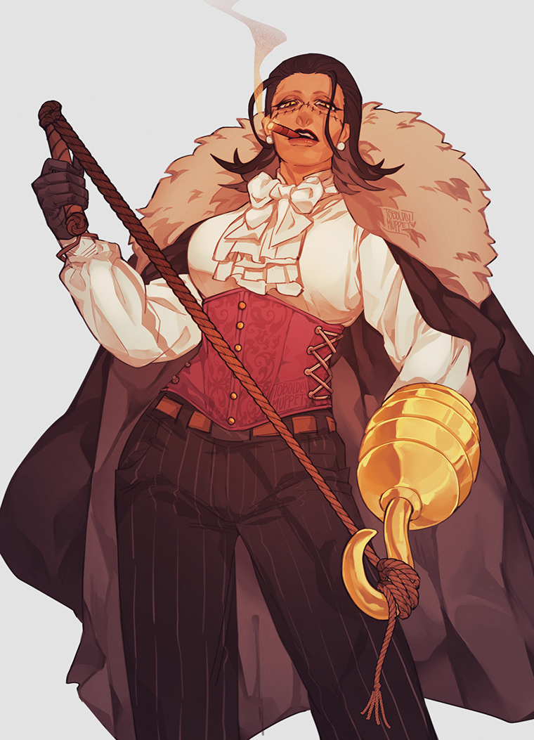 1girl, artist_name, ascot, belt, bow, bowtie, buttons, cigar, coat, coat_on_shoulders, corset, crocodile_(one_piece), earrings, genderswap, genderswap_(mtf), gloves, hair_slicked_back, half-closed_eyes, holding, holding_whip, hook_hand, jewelry, legs_apart, lips, long_sleeves, looking_at_viewer, medium_hair, mouth_hold, one_piece, pants, parted_lips, rope, scar, scar_on_face, shirt, shirt_tucked_in, simple_background, smoke, smoking, solo, standing, stitches, tan, taut_clothes, taut_shirt, toboldlymuppet, whip, white_ascot, white_bow, white_shirt, yellow_eyes