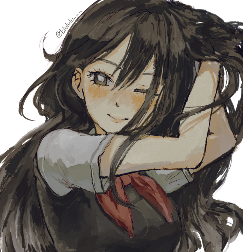 1girl, arms_up, artist_name, black_eyes, black_hair, black_sweater_vest, blush, bright_pupils