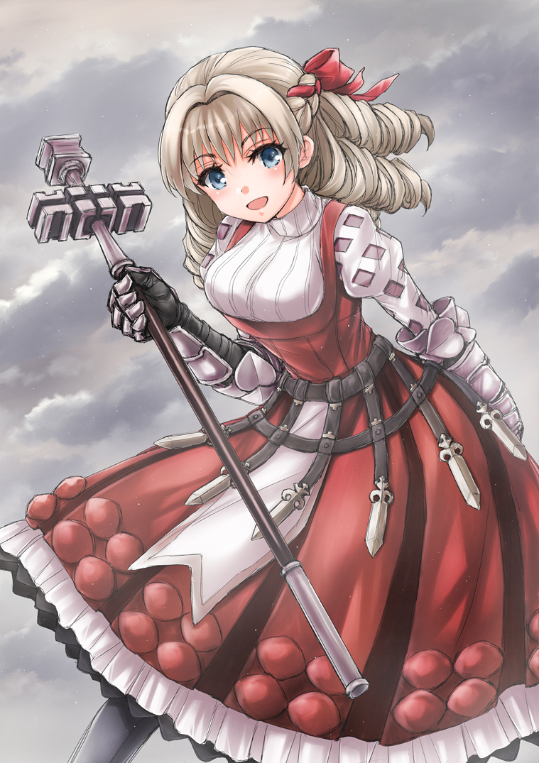1girl, armor, blonde_hair, blue_eyes, breasts, cowboy_shot, dress, drill_hair, gauntlets, greaves, grey_background, hair_ribbon, holding, holding_staff, juliet_sleeves, kira_works, large_breasts, long_sleeves, open_mouth, puffy_sleeves, red_dress, red_ribbon, ribbed_sweater, ribbon, scarlett_(unicorn_overlord), smile, solo, staff, standing, sweater, unicorn_overlord
