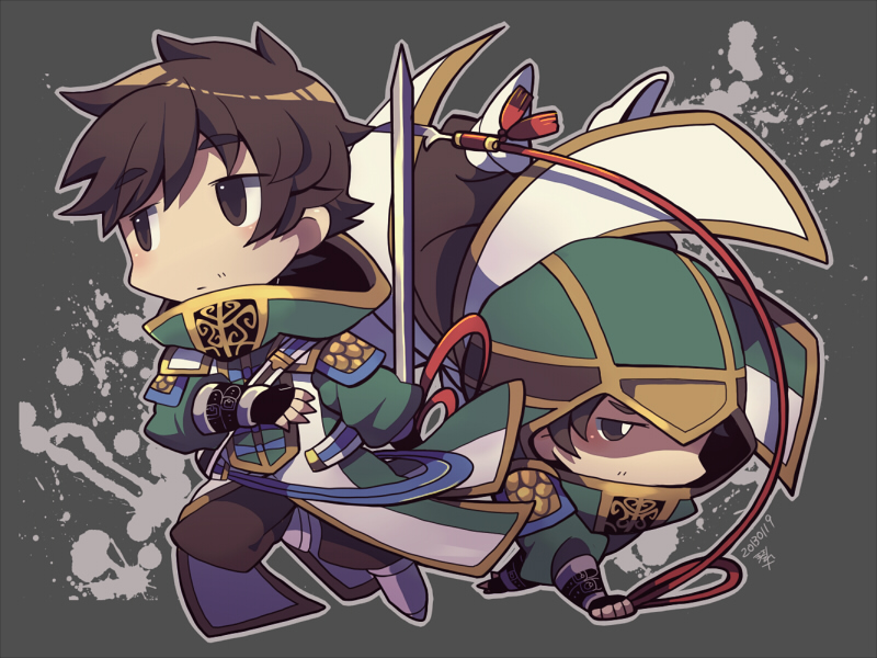 2boys, black_gloves, brown_eyes, brown_hair, brown_pants, chibi, chibi_only, chinese_clothes