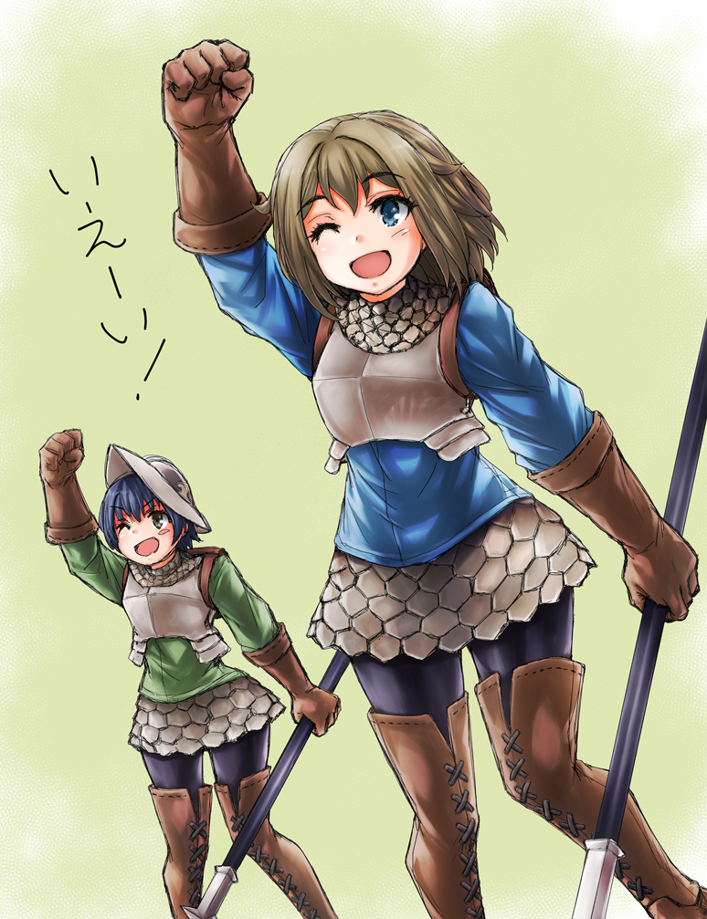 2girls, arm_up, armor, black_hair, black_pants, blue_eyes, boots, breastplate, brown_footwear, brown_gloves, brown_hair, chloe_(unicorn_overlord), cowboy_shot, female_soldier_(unicorn_overlord), fist_pump, gloves, green_background, green_shirt, holding, holding_polearm, holding_weapon, kira_works, medium_hair, multiple_girls, one_eye_closed, open_mouth, pants, polearm, shirt, short_hair, smile, spear, standing, thigh_boots, unicorn_overlord, weapon