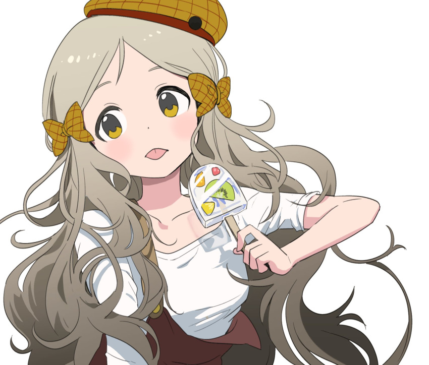 1girl, apron, blush, breasts, brown_apron, collarbone, dot_nose, fluffy_hair, food, fruit_popsicle, grey_hair, handa_roco, hat, highres, holding, holding_food, holding_popsicle, idolmaster, idolmaster_million_live!, idolmaster_million_live!_theater_days, itohari_(mamiiori1), parted_bangs, plaid, plaid_headwear, plaid_ribbon, popsicle, ribbon, shirt, short_sleeves, simple_background, small_breasts, solo, tam_o'_shanter, tongue, tongue_out, upper_body, white_background, white_shirt, yellow_eyes