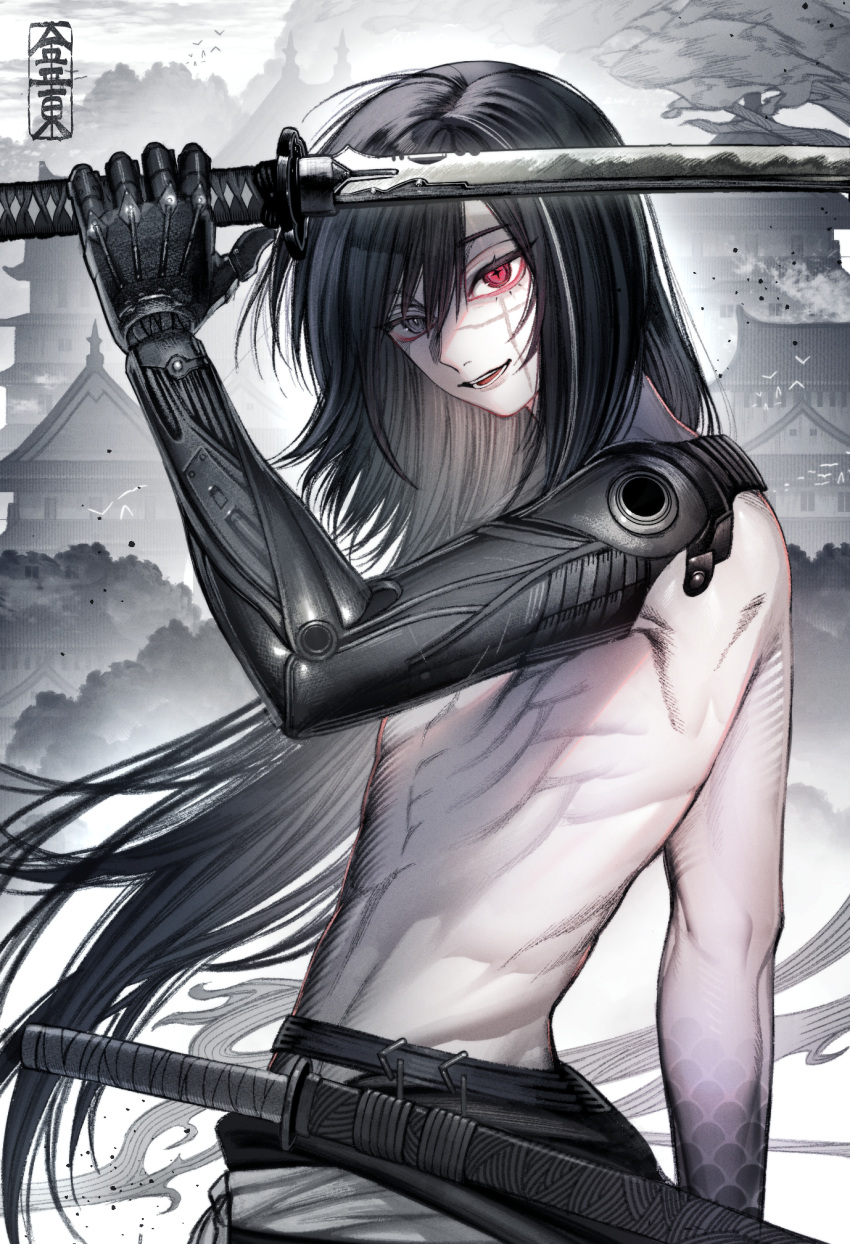 1boy, abs, architecture, automail, bishounen, black_hair, east_asian_architecture, eyelashes, from_side, grey_eyes, heterochromia, highres, holding, holding_sword, holding_weapon, japanese_clothes, katana, konpeitou_(pixiv37354724), long_hair, male_focus, original, parted_lips, red_eyes, samurai, samurai_(final_fantasy), scar, scar_on_face, sheath, smoke, solo, sword, torso, upper_body, weapon