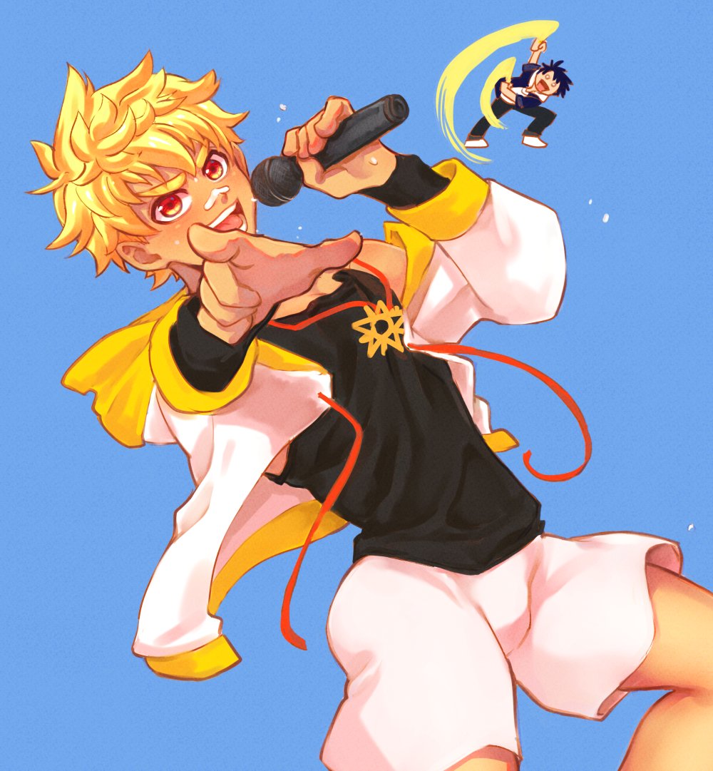 2boys, ace_anderson, bandaid, bandaid_on_face, bandaid_on_nose, black_shirt, blonde_hair, blue_background