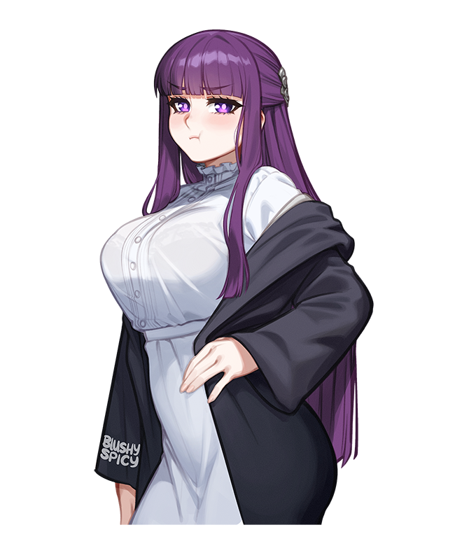 1girl, :t, black_coat, blunt_bangs, blush, blushyspicy, breasts, coat