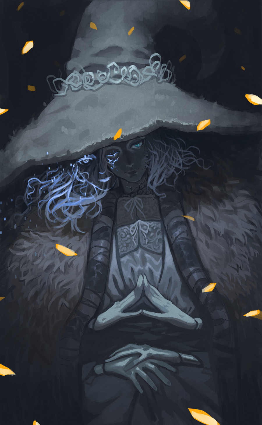 1girl, blue_eyes, blue_hair, cloak, closed_mouth, cromwaits, elden_ring, embers