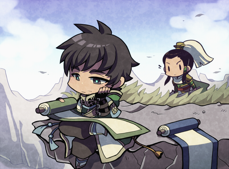 2boys, bamboo_scroll, black_gloves, black_hair, black_pants, brown_hair, chibi, chibi_only