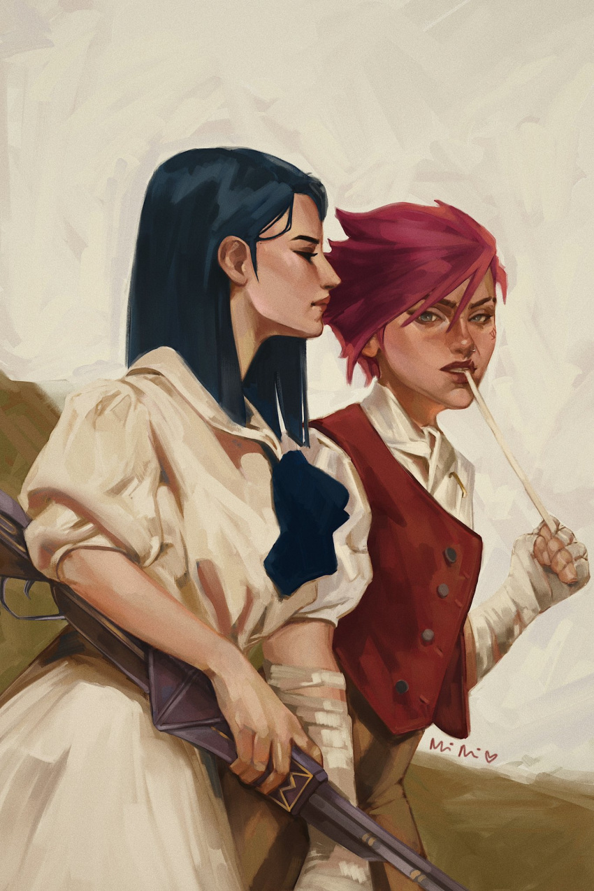 2girls, alternate_costume, arcane:_league_of_legends, arcane_caitlyn, arcane_vi, bandaged_arm, bandages, blue_hair