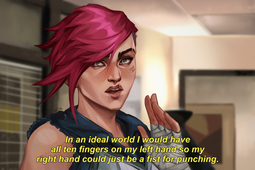 1girl, arcane:_league_of_legends, arcane_vi, bandaged_arm, bandages, bare_shoulders, blue_eyes, english_text
