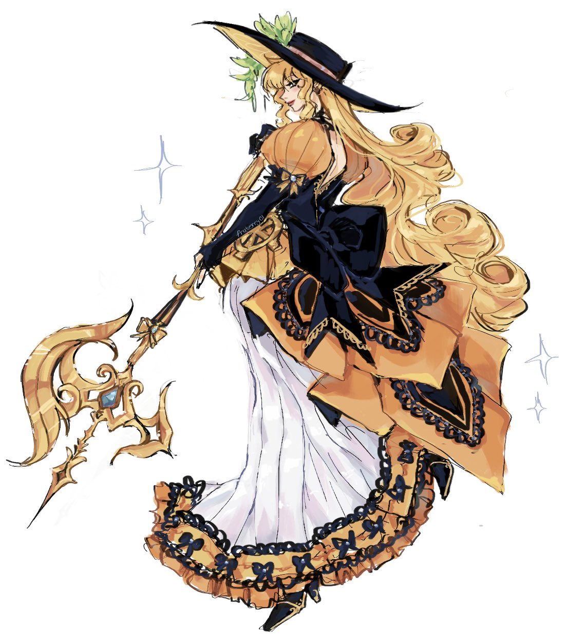 1girl, axe, battle_axe, black_corset, black_footwear, black_gloves, black_hat, blonde_hair