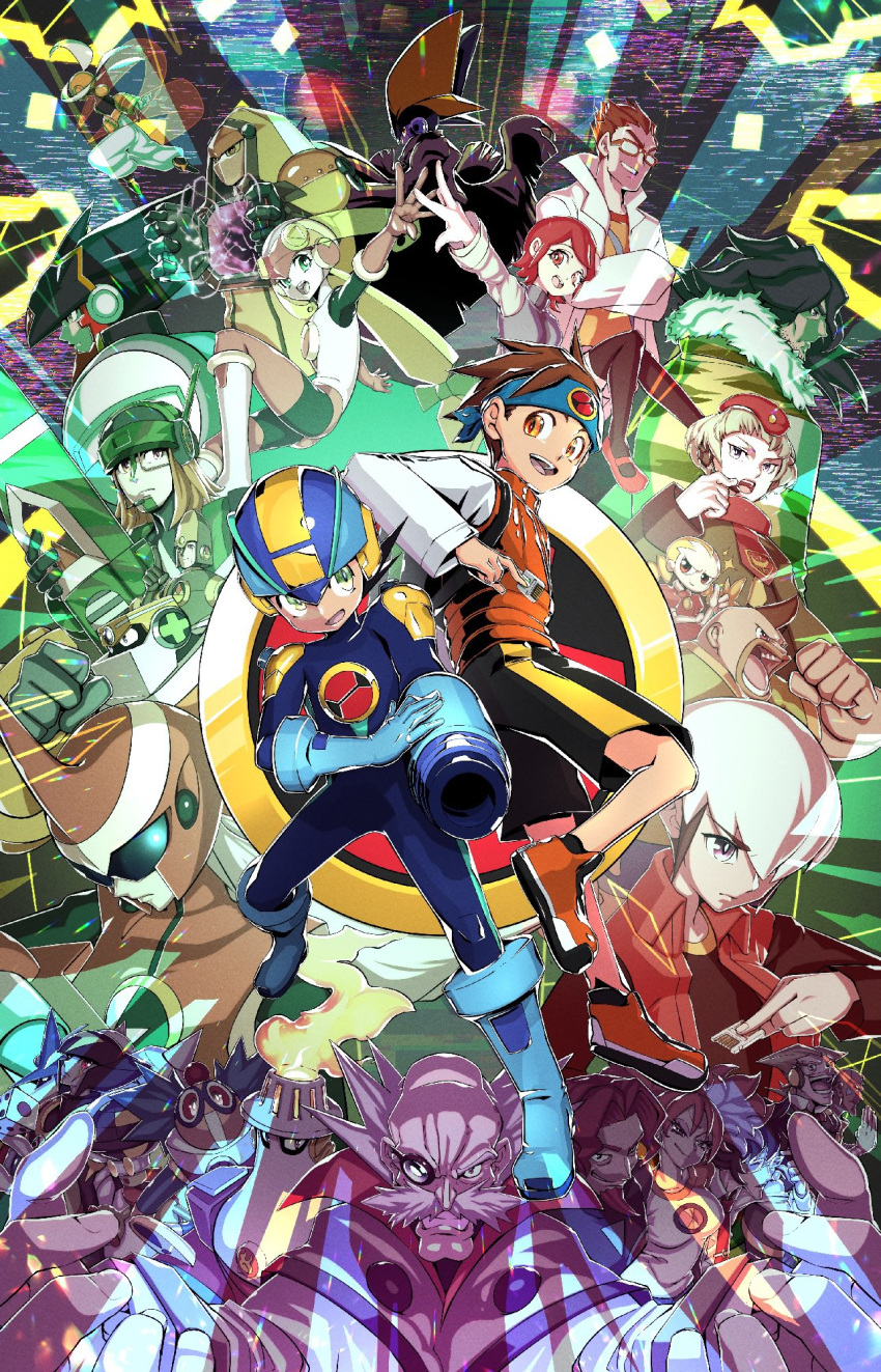 1other, 4girls, 6+boys, arm_cannon, armor, assault_visor, bald, baryl_(mega_man)