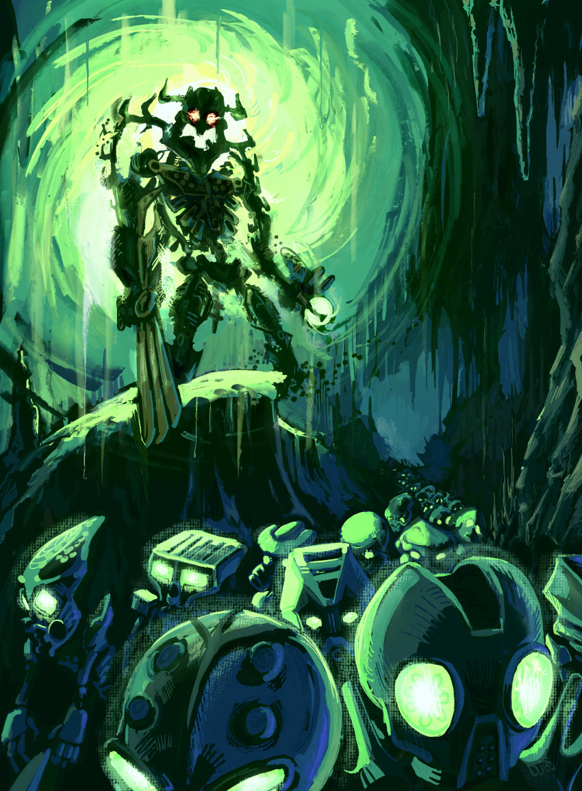 absurdres, arm_cannon, bionicle, claw_(weapon), clenched_teeth, cmccillustr8, glowing, glowing_eyes, green_eyes, green_theme, highres, holding, holding_weapon, horns, humanoid_robot, kanohi_(bionicle), looking_down, mask, red_eyes, robot, sharp_teeth, slave, teeth, the_lego_group, weapon, zaktan_(bionicle)