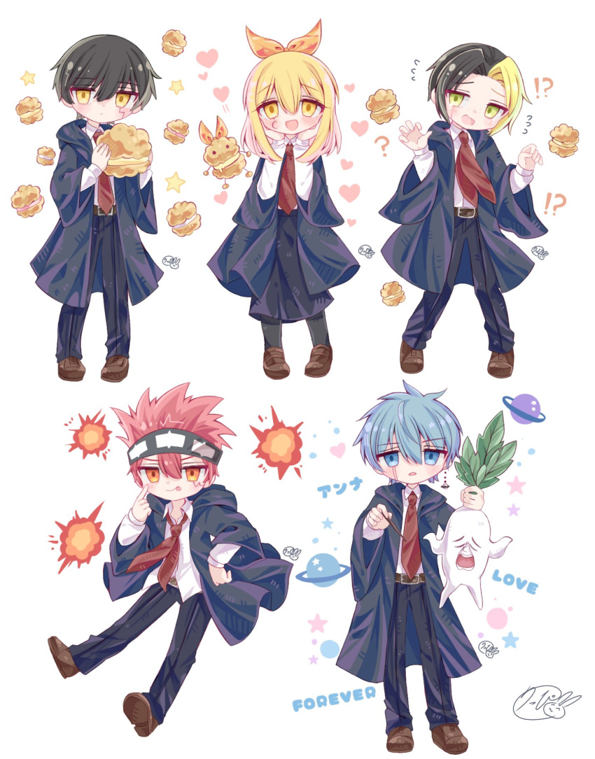 1girl, 4boys, black_hair, black_robe, blonde_hair, blue_hair, brown_footwear, collared_shirt