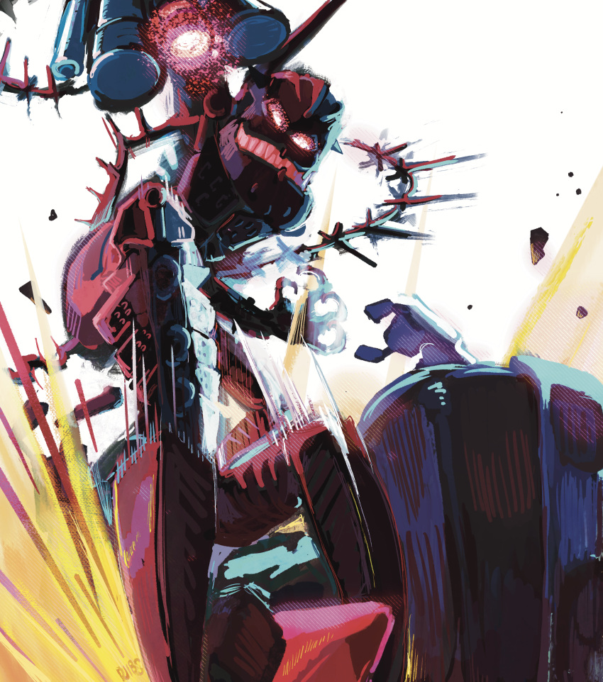 absurdres, arm_cannon, bionicle, cmccillustr8, english_commentary, fewer_digits, glowing, glowing_eyes, ground_shatter, hakann_(bionicle), highres, humanoid_robot, looking_down, red_eyes, robot, sharp_teeth, smile, solo_focus, spikes, teeth, the_lego_group, weapon, white_background