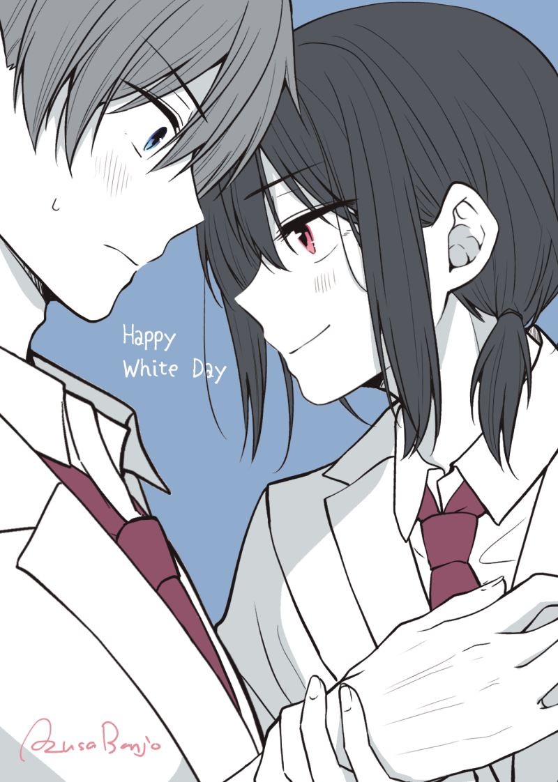 2boys, artist_name, banjou_azusa, black_hair, blue_background, blue_eyes, crossdressing, hair_between_eyes