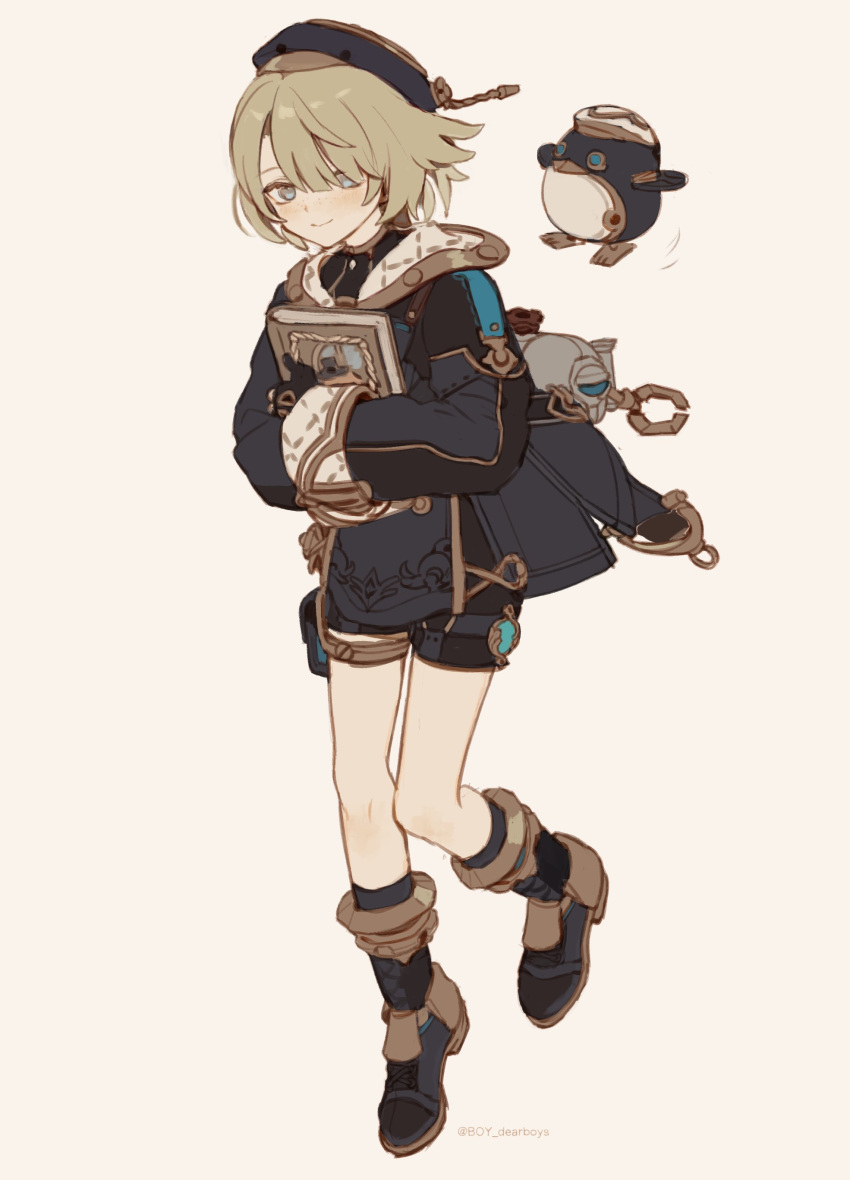 1boy, absurdres, beret, bird, black_footwear, black_shorts, blonde_hair, blue_eyes