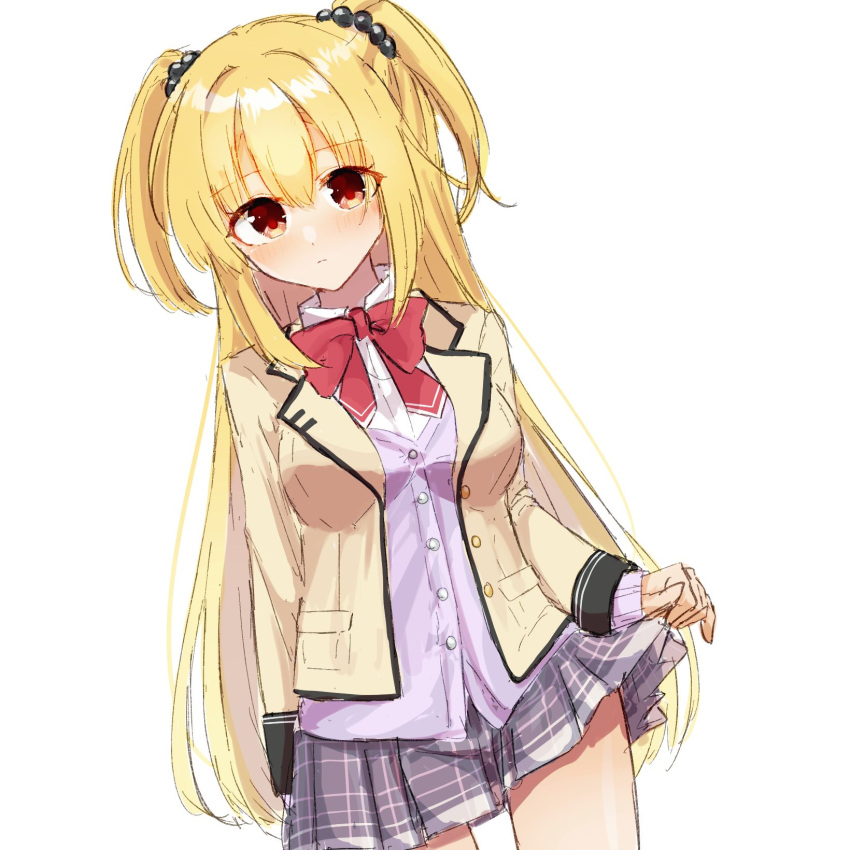 1girl, arihara_nanami, arms_at_sides, blonde_hair, blush, bow, cardigan, ch2sh