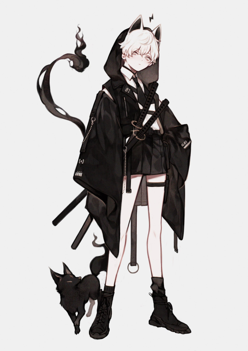 1boy, animal_ears, black_footwear, black_hoodie, black_jacket, black_necktie, black_shorts, black_socks
