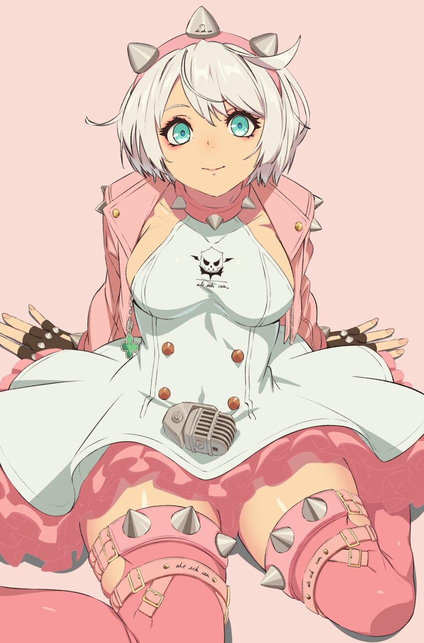 1girl, ahoge, aqua_eyes, black_gloves, boots, bracelet, breasts, clover