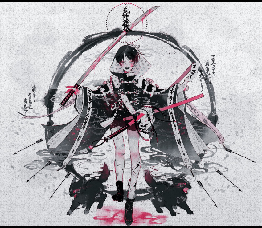 1boy, animal, black_footwear, black_hair, black_hoodie, black_nails, black_shorts, blood