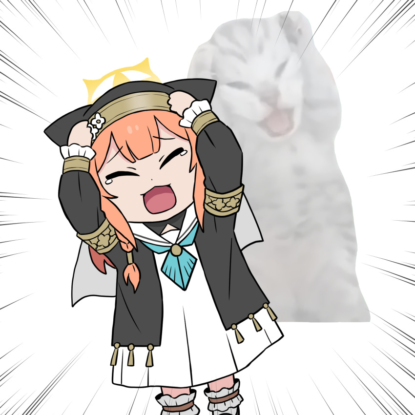 1girl, animal_ears, armlet, blue_archive, braid, cat, cat_covering_ears_(meme), cat_ears, cat_girl, chibi, commentary_request, dress, flower, full_body, habit, hair_between_eyes, hair_flower, hair_ornament, hair_tubes, halo, hands_on_own_head, highres, long_hair, long_sleeves, looking_at_viewer, mari_(blue_archive), meme, nun, orange_hair, sailor_dress, school_uniform, serafuku, sidelocks, simple_background, single_braid, solo, standing, washin, white_dress
