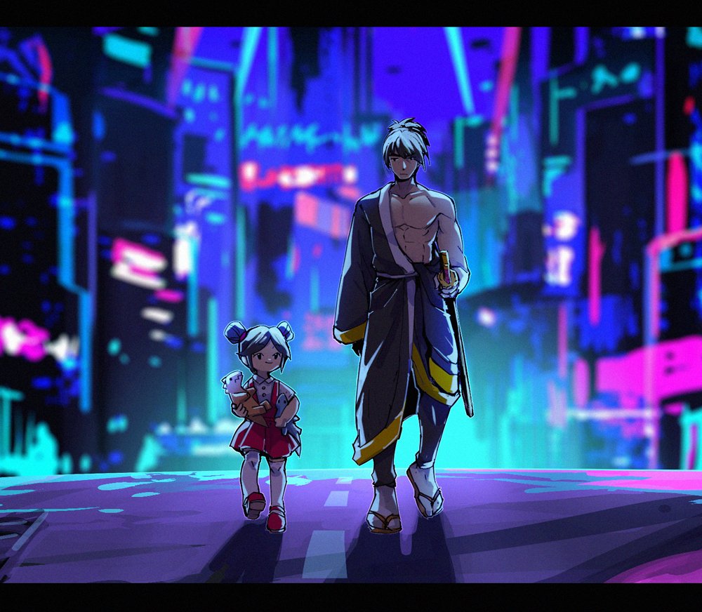 1boy, 1girl, black_eyes, black_hair, black_kimono, double_bun, flaw_eight, full_body
