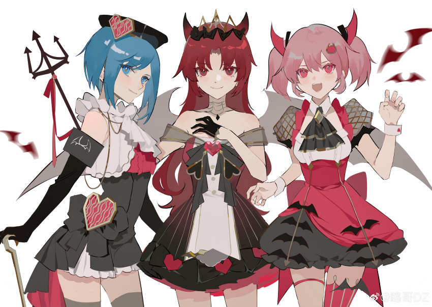 3girls, :d, absurdres, alternate_costume, ascot, bare_shoulders, black_ascot, black_bow