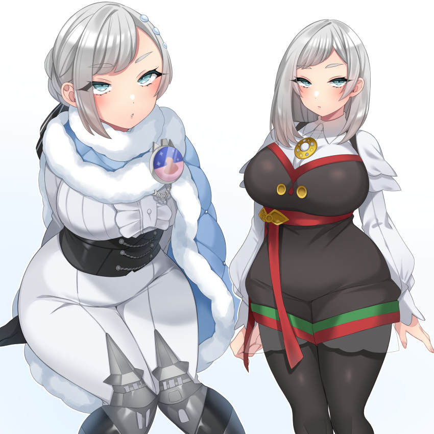 1girl, absurdres, akershus_fortress_(oshiro_project), badge, black_corset, black_dress, black_pantyhose, blue_cape, blue_cloak, blue_eyes, blush, bodysuit, braid, breasts, buttons, cape, center_frills, cloak, collared_shirt, corset, dress, eryu_kamemura, fluff, frilled_shirt, frills, fur-trimmed_cape, fur-trimmed_cloak, fur_trim, gradient_background, grey_hair, hair_ornament, highres, huge_breasts, long_sleeves, looking_at_viewer, multiple_views, oshiro_project:re, padded_cloak, pantyhose, puffy_long_sleeves, puffy_sleeves, red_ribbon, ribbon, shirt, simple_background, sitting, sleeveless, sleeveless_dress, swept_bangs, thighs, tight_clothes, white_bodysuit, white_shirt