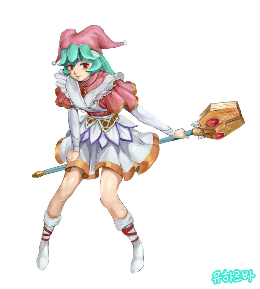 1girl, bare_legs, cosplay, freckleliliofe, full_body, green_hair, hair_ornament, hairpin, hat, highres, jester_cap, langrisser, langrisser_iv, long_hair, mega_man_(series), mega_man_x_(series), mega_man_x_dive, mega_man_zx, pandora_(mega_man), red_eyes, robot_ears, schelfaniel_(langrisser), schelfaniel_(langrisser)_(cosplay), shoes, simple_background, skirt, smile, solo, staff, twintails, white_background, white_skirt