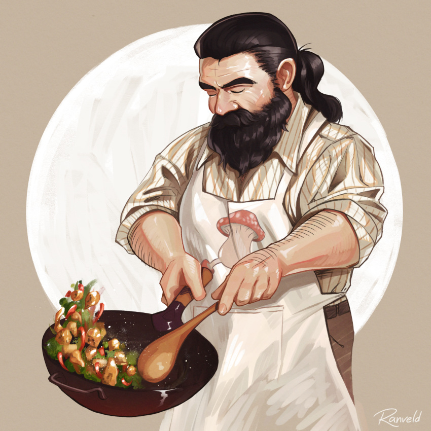 1boy, apron, beard, beard_over_mouth, brown_hair, closed_eyes, contemporary, cooking
