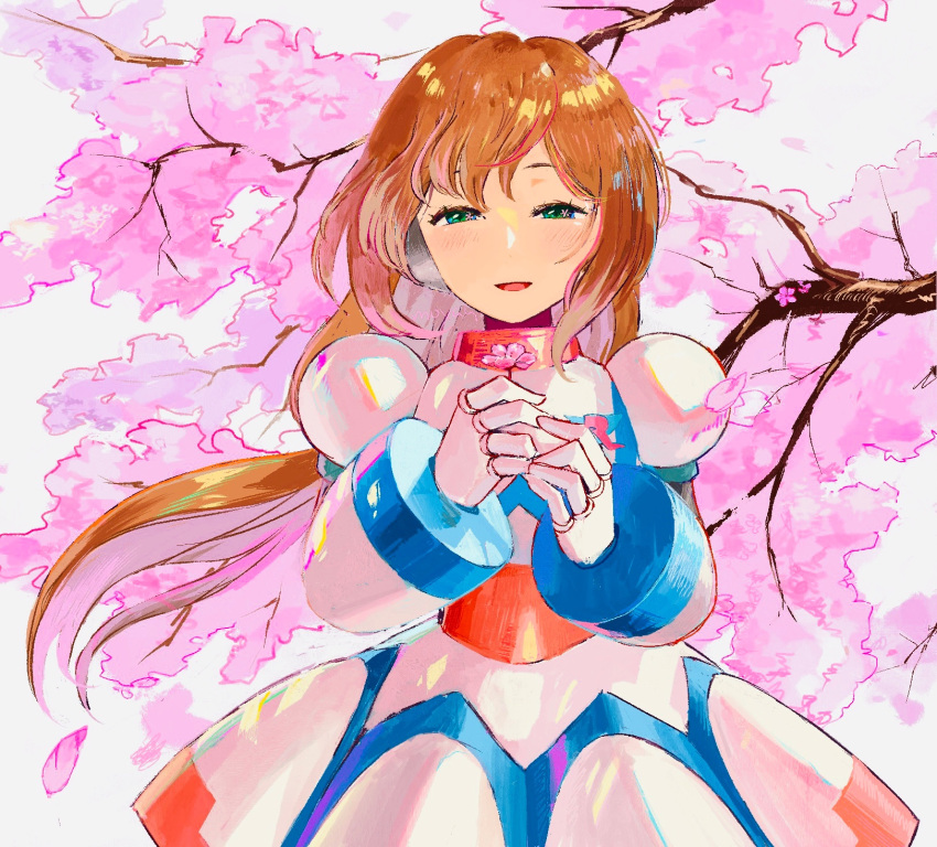1girl, armor, blush, brown_hair, cairngorm999, cherry_blossoms, dress, falling_petals