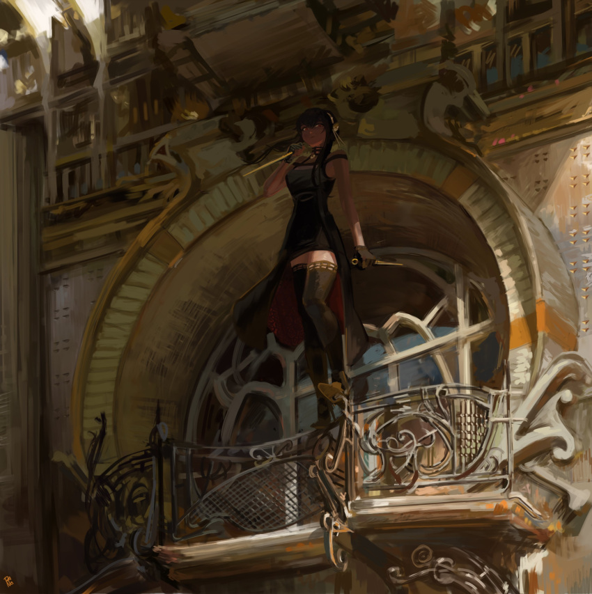1girl, absurdres, architecture, balcony, bare_shoulders, black_dress, black_footwear, black_hair