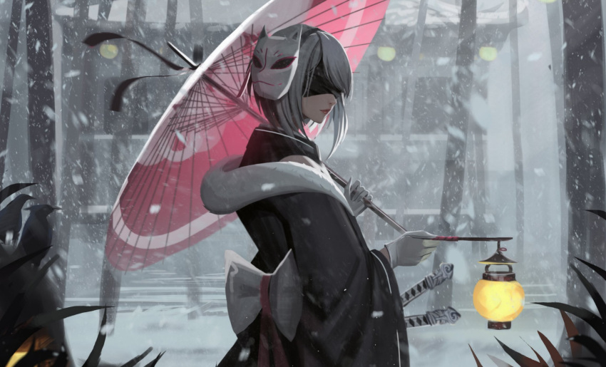 1girl, 2b_(nier:automata), bird, black_blindfold, blindfold, covered_eyes, gloves, highres, japanese_clothes, katana, kimono, lantern, lipstick, makeup, mask, neo_(neorarty3), nier:automata, nier_(series), short_hair, snow, solo, sword, umbrella, weapon, white_hair