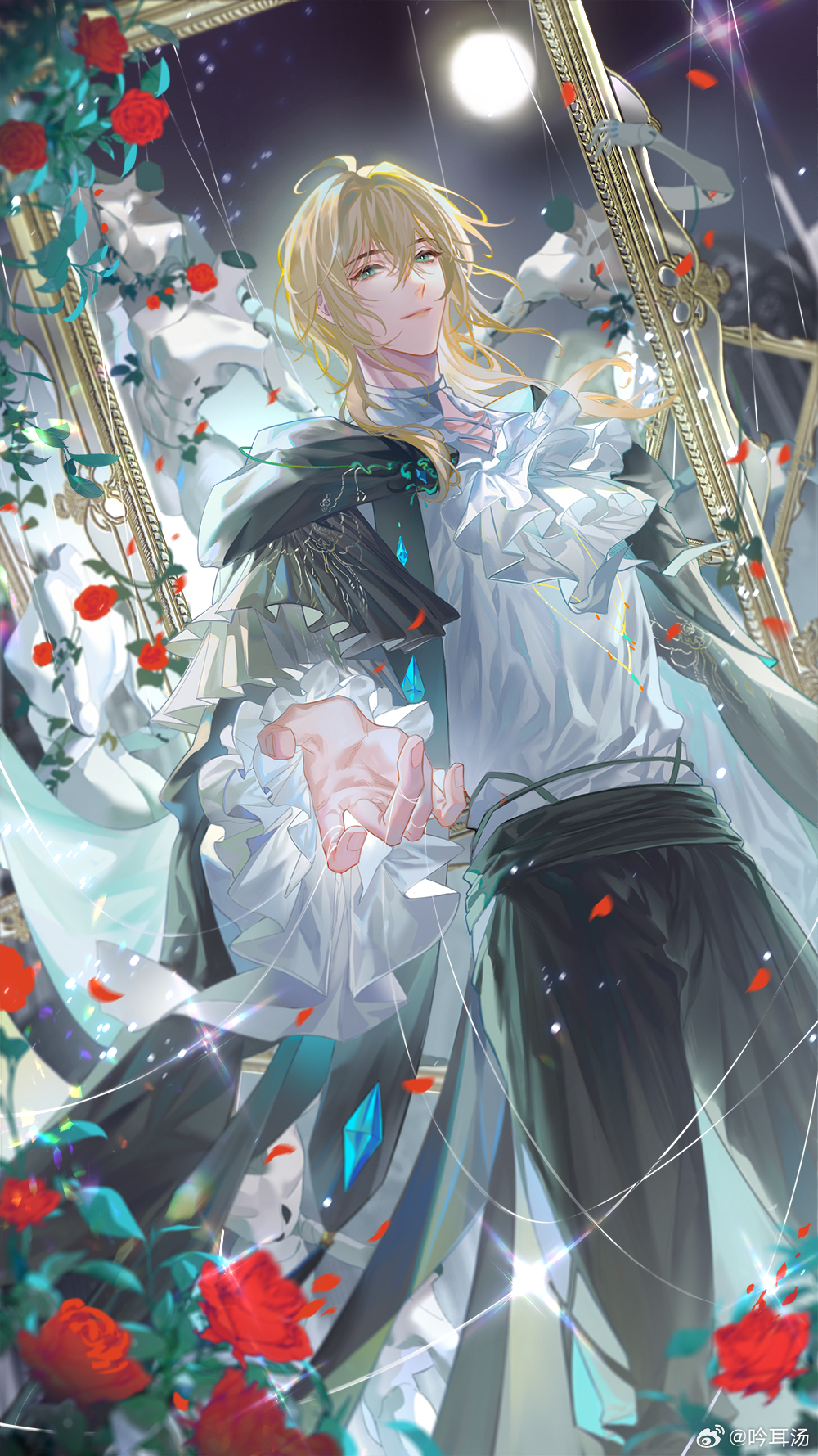 1boy, alkaid_mcgrath, ascot, black_cape, black_pants, blonde_hair, blurry, cape