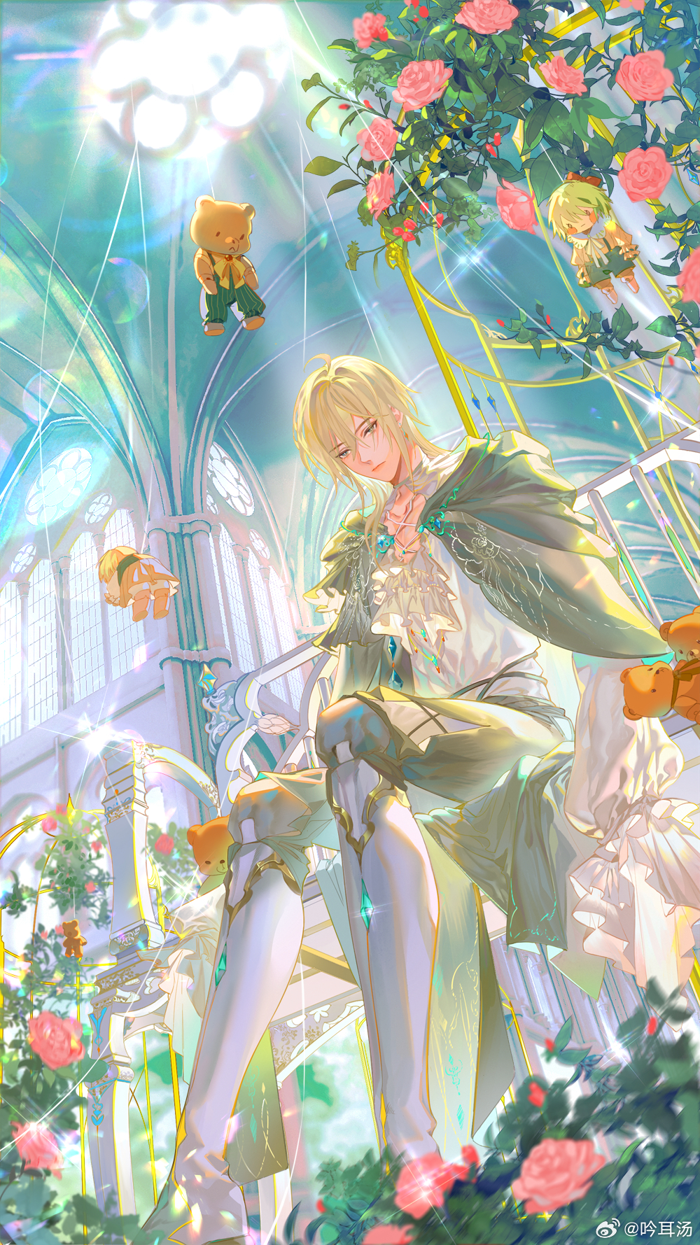 1boy, :|, alkaid_mcgrath, architecture, blonde_hair, boots, bow, cape
