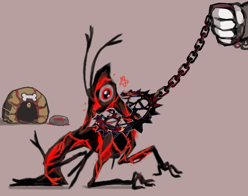 1other, antennae, bloodshot_eyes, bowl, cartoon_bone, chain, doghouse, feet_out_of_frame