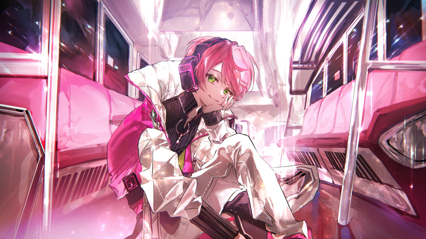 1boy, absurdres, black_sweater, closed_mouth, cropped_jacket, feet_out_of_frame, from_side, green_eyes