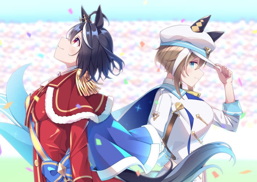 2girls, ahoge, animal_ears, award_ribbon, black_hair, blue_cape, blue_eyes, blurry