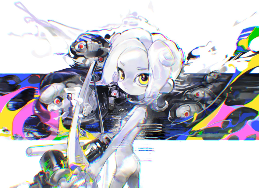 1girl, :/, agent_8_(splatoon), bare_shoulders, battering_lento, bodysuit, bow_(weapon), chinese_commentary
